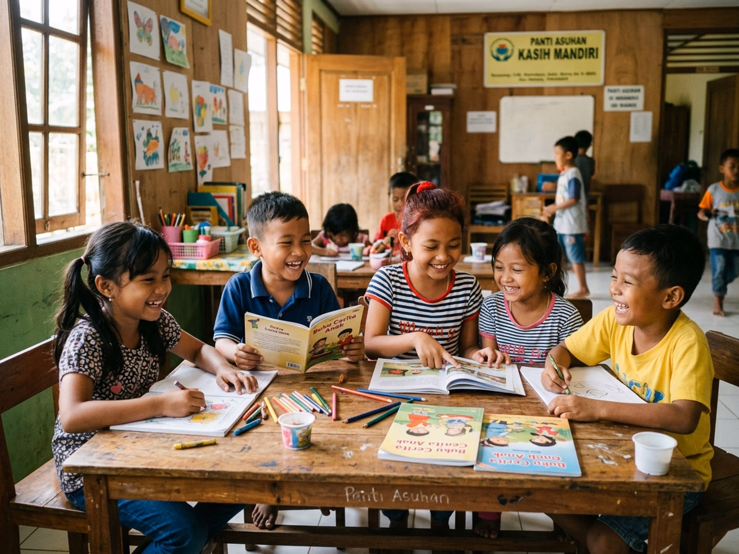 Keceriaan anak-anak panti asuhan saat belajar dan membaca bersama