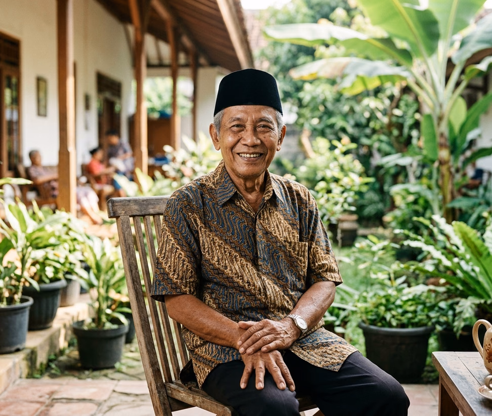 Kakek lansia tersenyum ramah dan damai di panti jompo